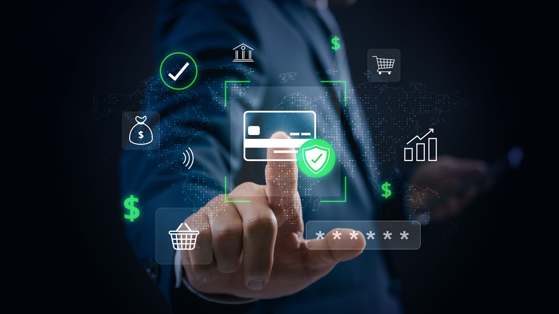 Secure online payment concept showing a businessman authenticating a digital credit card transaction, highlighting fintech innovation, financial security, encryption, and global ecommerce trends